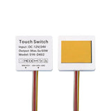Touch Switch 12V 5A 60W Capacitive Sensor 1-6mm Three Color LED Smart Inductive for Bathroom - SYK-DK02, showing the front white casing with printed specifications and the reverse side featuring a square yellow adhesive touch pad.