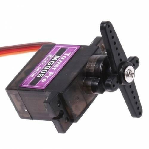 Towerpro MG90S Mini Digital 180 Degree Servo Motor 2.2kg 0.08sec 13G - a black plastic unit with a purple label, featuring a three-armed black plastic horn attached to the rotating shaft.