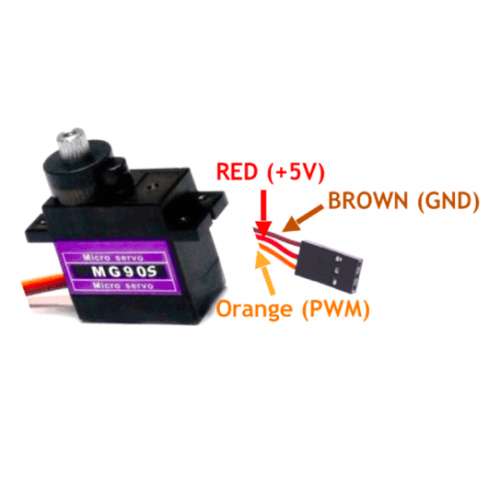 Towerpro MG90S Mini Digital 180 Degree Servo Motor 2.2kg 0.08sec 13G - black with a purple label, showing a three-pin connector with red, brown, and orange wires labeled for power and signal.