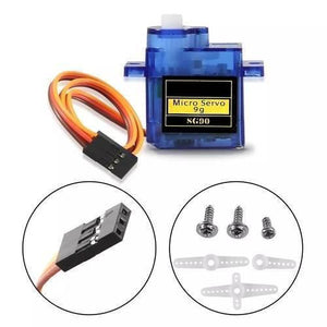Towerpro SG90 Sg 90 180 Degree Servo Motor - Blue SG90 micro servo labelled 9 g, with its three-wire lead, and insets showing the connector plug, mounting screws and white plastic servo horns.