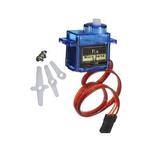 Towerpro SG90 Sg 90 180 Degree Servo Motor - shown with a blue plastic body, attached three-wire cable with a black connector, three white plastic horns, and screws.