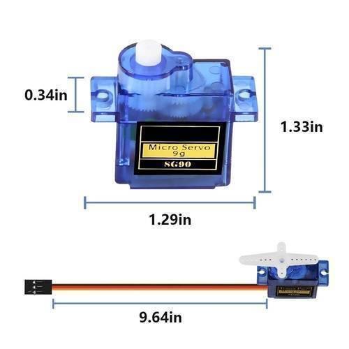 Towerpro SG90 Sg 90 180 Degree Servo Motor - shown with blue casing, white gear, three-pin connector, and technical dimension labels in inches.
