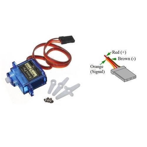 Towerpro SG90 Sg 90 180 Degree Servo Motor - shown with its wiring harness, three white plastic servo horns, and three mounting screws, plus a wiring diagram.