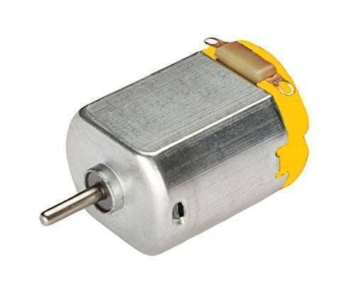 Toy Motor Mini DC Motor Mini Electric Motor PMMC Motor - a rectangular silver metal motor with a protruding shaft and a yellow plastic end cap featuring two metal electrical terminals.