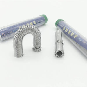 TP3131-88 Suoer 0.8mm Solder Wire 2 Meter - shown as two silver coiled wires, one bent into a U-shape, beside two cylindrical plastic packaging tubes.
