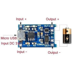 TP4056 1A Li-ion Battery Charging Board Micro USB With Current Protection BMS - blue PCB, a micro USB port, labeled connection points, and a diagram showing a battery connection.