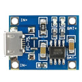 TP4056 Lithium Battery And 18650 Charger Module 1A 3.7V - a blue rectangular circuit board featuring a micro-USB port, a 4056E chip, and labeled IN and BAT terminals.
