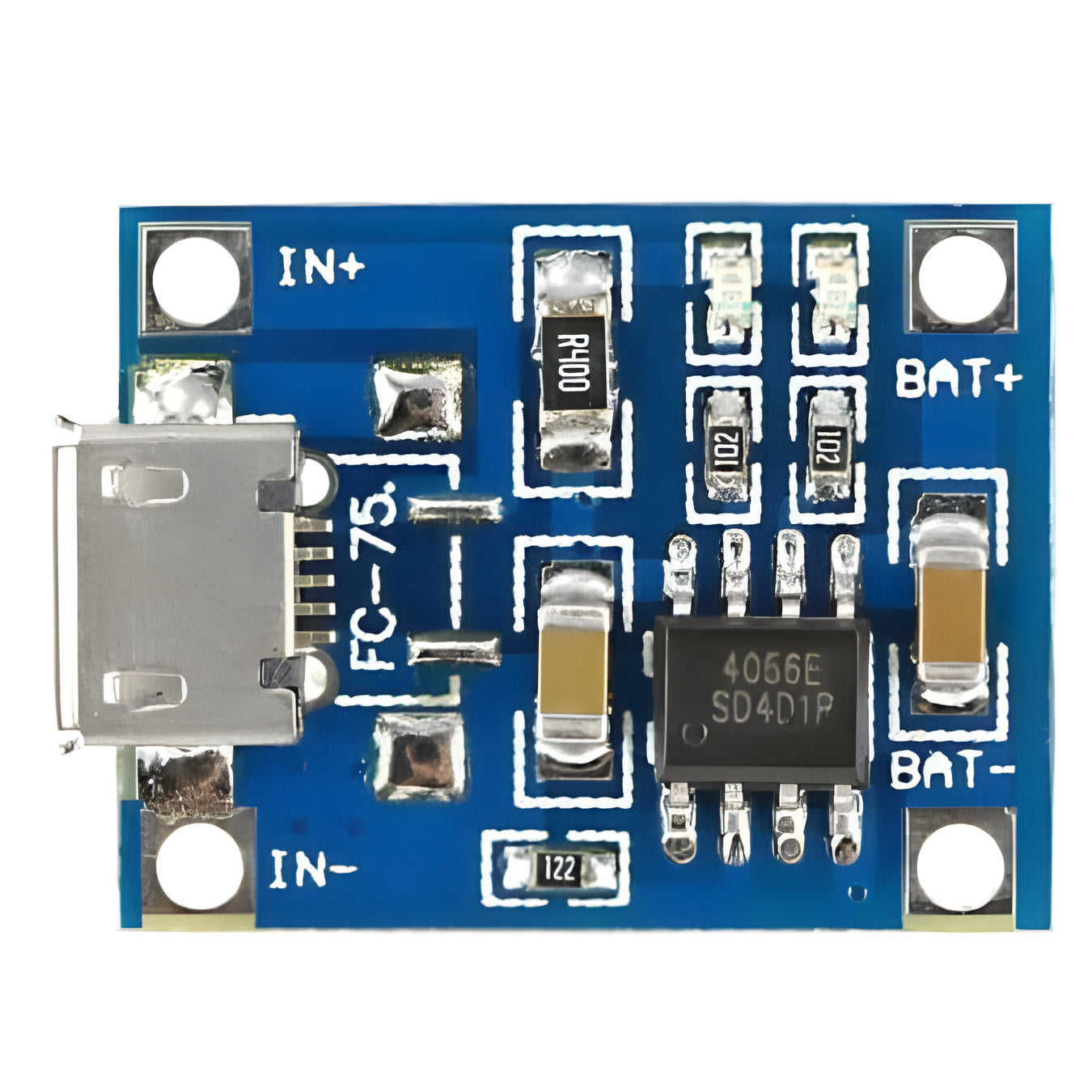 TP4056 Lithium Battery And 18650 Charger Module 1A 3.7V - a blue rectangular circuit board featuring a micro-USB port, a 4056E chip, and labeled IN and BAT terminals.