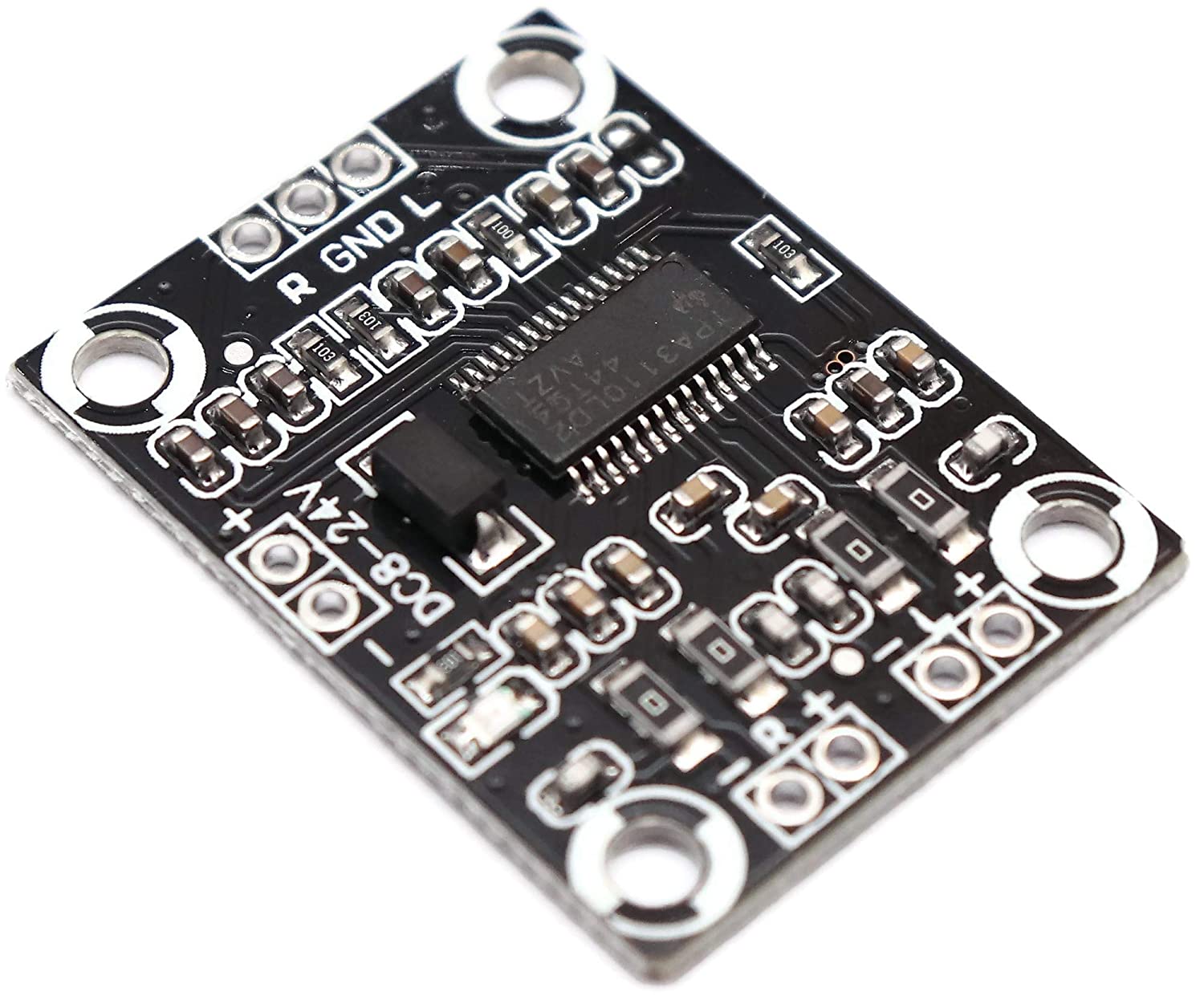TPA3110 2 X 15W Digital Audio Stereo Amplifier Module - a black rectangular circuit board with input/output pins, a central chip, and power terminals.