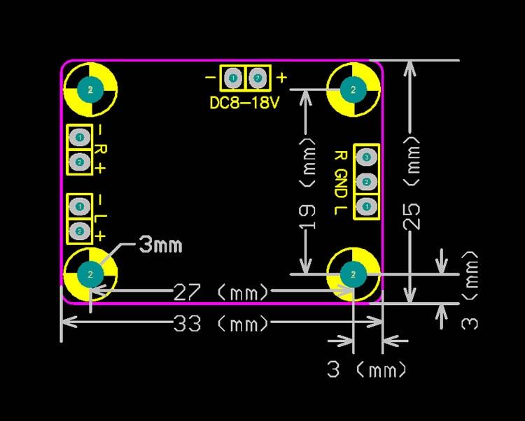 TPA3110 2 X 15W Digital Audio Stereo Amplifier Module - the board layout, mounting holes, and input/output terminal locations.