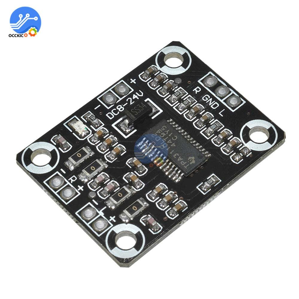 TPA3110 2 X 15W Digital Audio Stereo Amplifier Module - a black rectangular circuit board with a central chip, input/output terminals, and mounting holes.