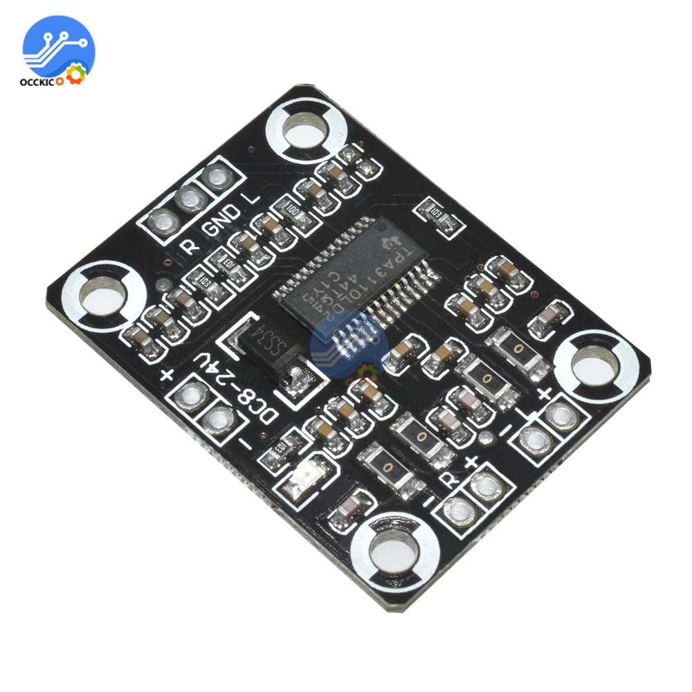 TPA3110 2 X 15W Digital Audio Stereo Amplifier Module - a black rectangular circuit board with a central chip, input pins, and speaker output terminals.