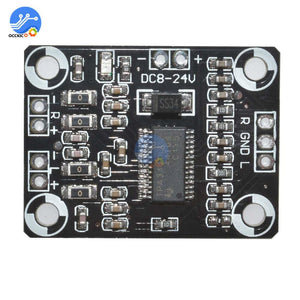 TPA3110 2 X 15W Digital Audio Stereo Amplifier Module - a black rectangular circuit board with a central chip, power input, and audio terminals.
