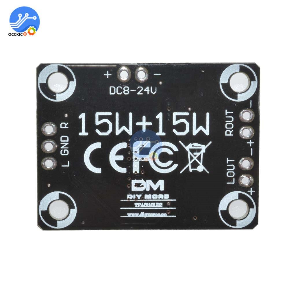 TPA3110 2 X 15W Digital Audio Stereo Amplifier Module - a black rectangular circuit board with input, output, and power connection terminals.