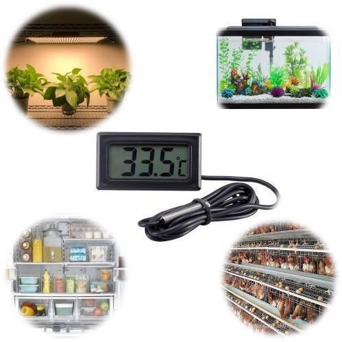 TPM10 Digital Thermometer Temperature Sensor Tester Meter Fy-10 With Metal Sensor - a black rectangular display reading 33.5°C with a long black cable and a metal sensor probe, surrounded by usage examples.