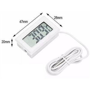 TPM10 Digital Thermometer Temperature Sensor Tester Meter Fy-10 With Metal Sensor - a white rectangular display unit with a digital screen and a long wired metal sensor, including dimension labels in mm.