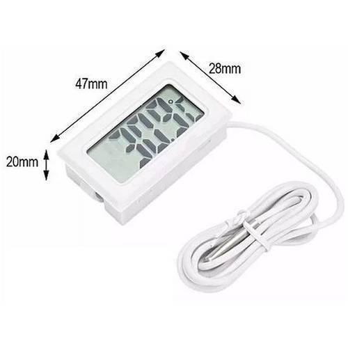 TPM10 Digital Thermometer Temperature Sensor Tester Meter Fy-10 With Metal Sensor - a white rectangular display unit with a digital screen and a long wired metal sensor, including dimension labels in mm.