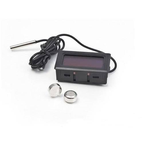 TPM10 Digital Thermometer Temperature Sensor Tester Meter Fy-10 With Metal Sensor - black rectangular display unit, a wired metal temperature sensor, and two small round button cell batteries.