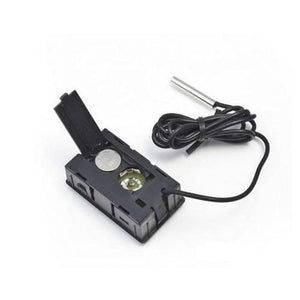 TPM10 Digital Thermometer Temperature Sensor Tester Meter Fy-10 With Metal Sensor - the black plastic meter housing with its battery compartment open, revealing a button cell battery and the metal sensor.