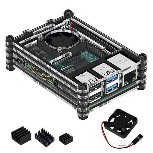 Transparent Acrylic Case For Raspberry Pi 4b With Cooling Fan And Heat Sink Clear And Black Case - assembled case with a cooling fan, plus three loose heatsinks and a spare fan.