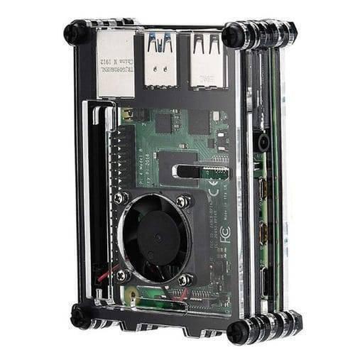 Transparent Acrylic Case For Raspberry Pi 4b With Cooling Fan And Heat Sink Clear And Black Case - a clear and black layered case housing a Raspberry Pi 4 board with a fan.