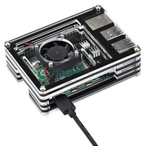 Transparent Acrylic Case For Raspberry Pi 4b With Cooling Fan And Heat Sink Clear And Black Case - shown as a black and clear assembled case with a connected power cable.
