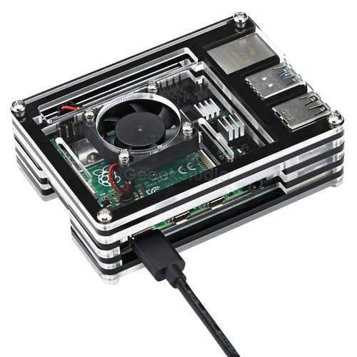 Transparent Acrylic Case For Raspberry Pi 4b With Cooling Fan And Heat Sink Clear And Black Case - shown as a black and clear assembled case with a connected power cable.