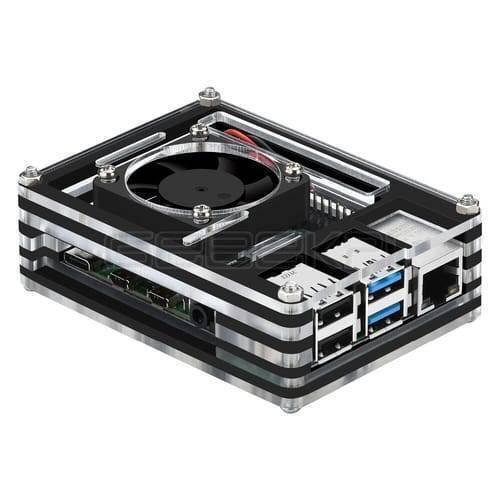Transparent Acrylic Case For Raspberry Pi 4b With Cooling Fan And Heat Sink Clear And Black Case - layered case with an integrated cooling fan, exposing USB, Ethernet, and audio ports.