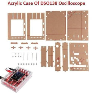 Transparent Acrylic Case Housing Module For DSO138 2.4 Inch TFT Digital Oscilloscope Anti Scratch Protection Shell DIY Kit - unassembled brown protective acrylic panels, screws, nuts, and a fully assembled oscilloscope displaying a square wave.