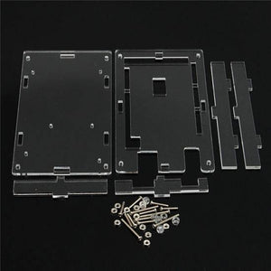 Transparent Acrylic Case Shell Enclosure Gloss Box For Arduino Mega 2560 R3 - shown as a disassembled kit with clear acrylic panels, screws, and nuts.