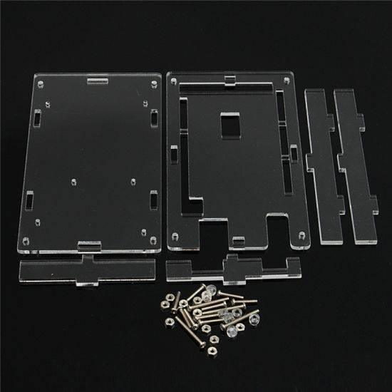 Transparent Acrylic Case Shell Enclosure Gloss Box For Arduino Mega 2560 R3 - shown as a disassembled kit with clear acrylic panels, screws, and nuts.
