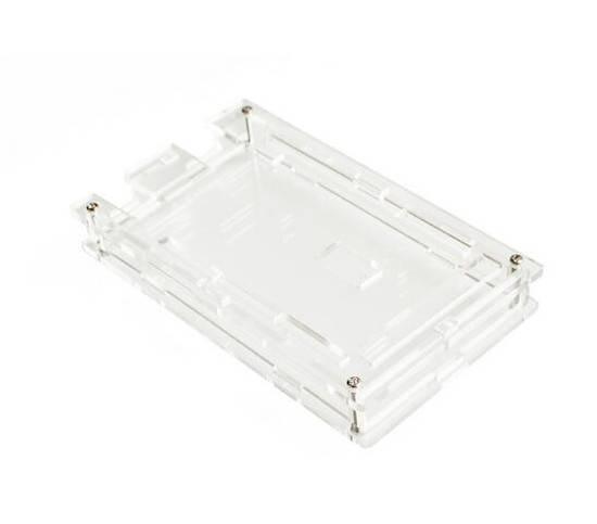 Transparent Acrylic Case Shell Enclosure Gloss Box For Arduino Mega 2560 R3 - shown as a clear, rectangular, multi-layered protective box held together by screws.