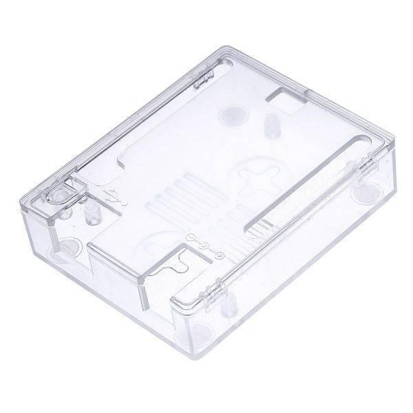 Transparent Acrylic Case Shell Enclosure Gloss Box For Arduino Uno R3 - a clear, rectangular plastic housing featuring cutouts for ports and mounting holes.