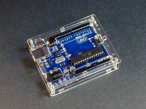 Transparent Acrylic Case Shell Enclosure Gloss Box For Arduino Uno R3 - housing a blue Arduino Uno board with visible USB, power, and digital pin ports.