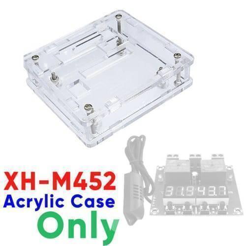Transparent Acrylic Case Shell For XH-M452 Temperature & Humidity Controller - a clear, multi-layered acrylic housing with assembly screws, alongside a faded XH-M452 controller module.