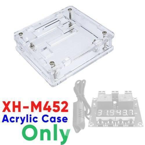 Transparent Acrylic Case Shell For XH-M452 Temperature & Humidity Controller - a clear, multi-layered protective enclosure with metal screws, alongside a faded view of the controller.