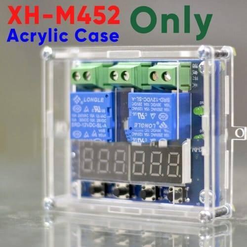 Transparent Acrylic Case Shell For XH-M452 Temperature & Humidity Controller - a clear, rectangular protective enclosure housing a blue circuit board with two relays and a digital display.