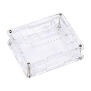 Transparent Acrylic Case Shell For XH-M452 Temperature & Humidity Controller - an empty, clear, multi-layered rectangular housing with metal screws.