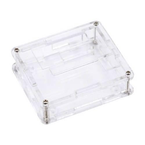 Transparent Acrylic Case Shell For XH-M452 Temperature & Humidity Controller - an empty, clear, multi-layered rectangular housing with metal screws.