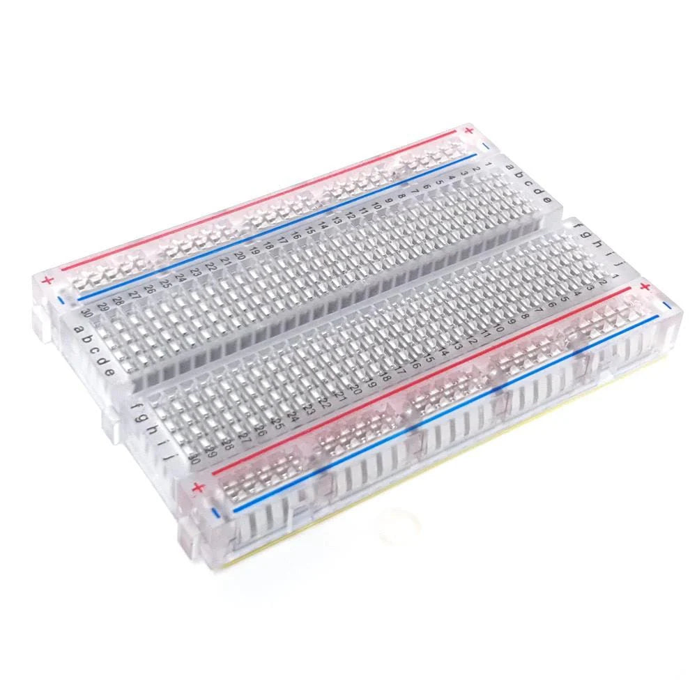 Transparent Clear Breadboard 400 Tie-Points 4 Power Rails - shown as a single, clear plastic rectangular breadboard with numbered rows and lettered columns.