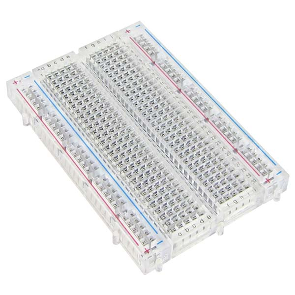 Transparent Clear Breadboard 400 Tie-Points with 2 Sets of Power Rails - a rectangular, clear plastic breadboard featuring numbered rows and lettered columns.