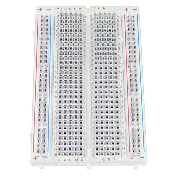 Transparent Clear Breadboard 400 Tie-Points with 2 Sets of Power Rails - a top-down view of the clear plastic board with numbered and lettered rows.