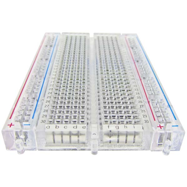 Transparent Clear Breadboard 400 Tie-Points with 2 Sets of Power Rails - a clear plastic breadboard with numbered rows and lettered columns.