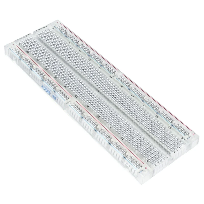 Transparent Clear Breadboard 830 Tie-Points with 4 Sets of Power Rails - shown as a single rectangular, clear plastic breadboard with numbered grid markings.