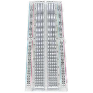 Transparent Clear Breadboard 830 Tie-Points with 4 Sets of Power Rails - a rectangular, clear plastic breadboard with numbered rows and lettered columns.