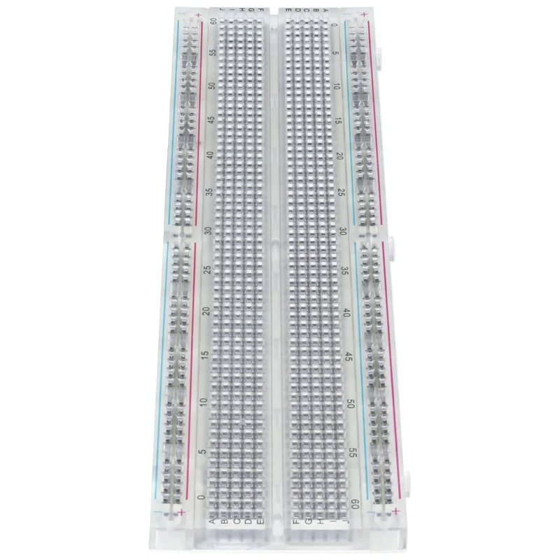 Transparent Clear Breadboard 830 Tie-Points with 4 Sets of Power Rails - a rectangular, clear plastic breadboard with numbered rows and lettered columns.
