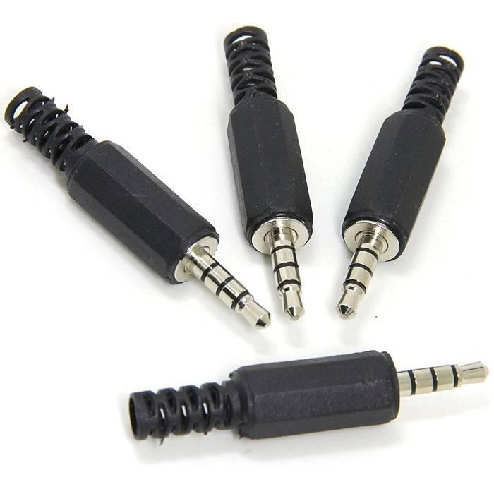 TRRS Male Plug 4 Pole 1/8’ 3.5mm Solder Type DIY Audio Cable Connector For Headphones Headset - four identical black plastic connectors with metal plugs arranged on a white background.