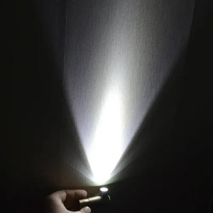 TrustFire Z1 Flashlight Cree XP-E 280 lumens 1XCR123A/16340 - its metallic body and a bright white beam of light directed against a wall in a dark environment.
