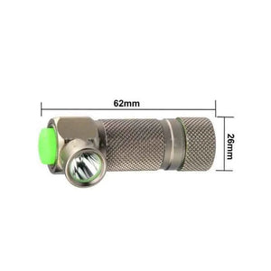 TrustFire Z1 Flashlight Cree XP-E 280 lumens 1XCR123A/16340 - a metallic right-angle flashlight with a green power button and dimension labels showing 62mm length and 26mm diameter.