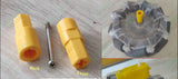 TT Motor Groove 7mm Plastic Coupling Shaft Hexagon Motor Coupler Wheel Tyre Mount - two yellow plastic couplers, a metal screw, and a mounted wheel.
